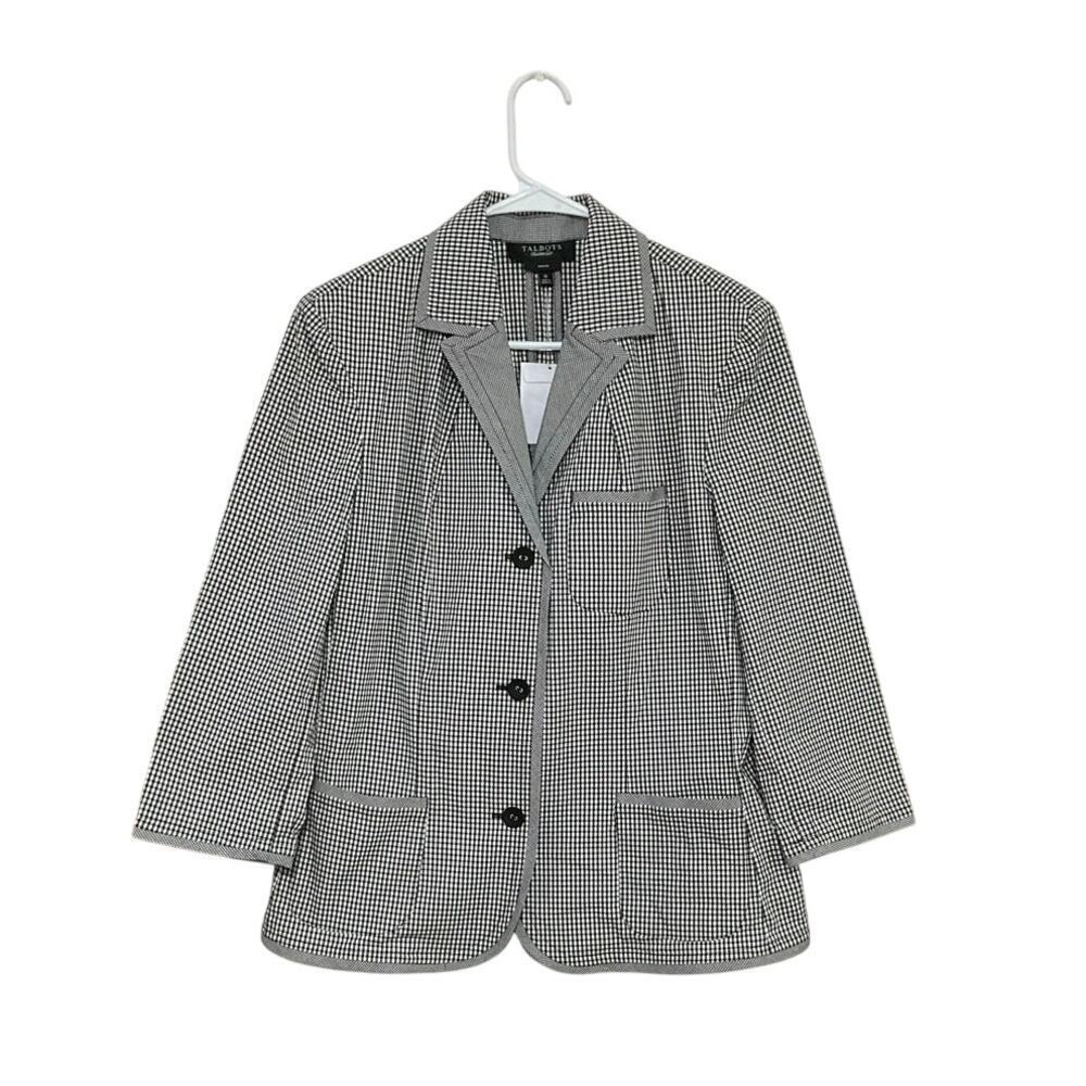 NWOT Talbots Womens Gingham Blazer Jacket Black White Plaid Button Front Size 12
